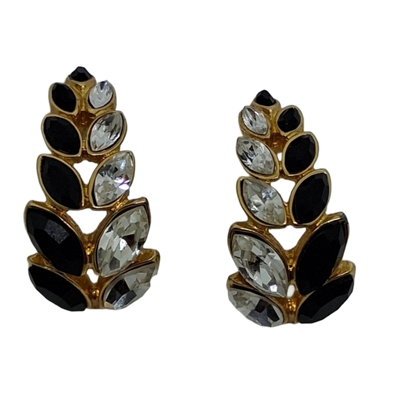 Monet Vintage Black & White Rhinestone Foliate Design Earrings - Picture 3 of 5